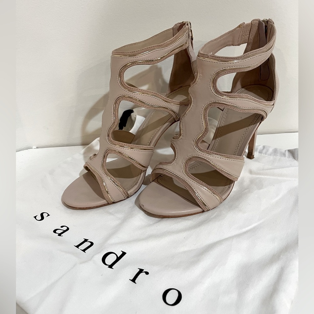 Sandro Alexie Sandals, blush pink leather with thin gold trim detail.